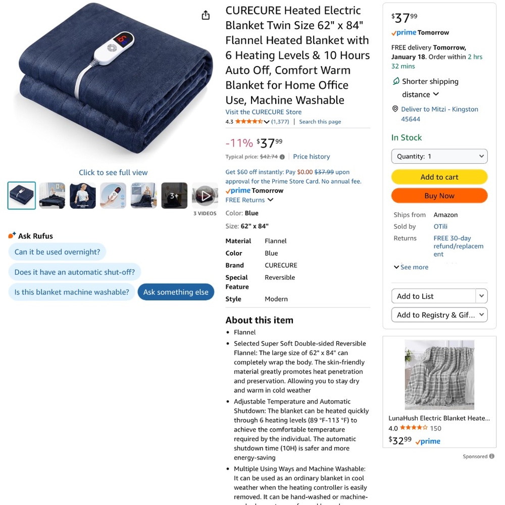 Blue heated electric blanket.